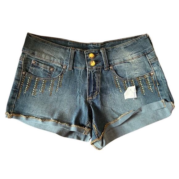 Dollhouse The Sienna Mini Denim Shorts Gem Buttons Size 9 Grunge Y2K Vintage‎ - Picture 1 of 16